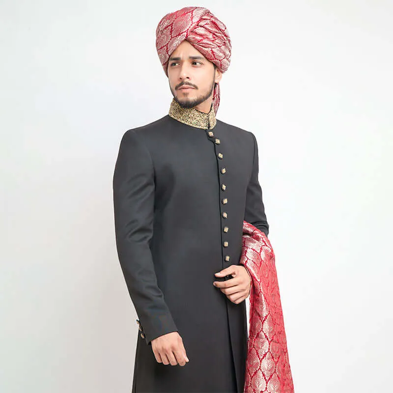 Jet Black Suitings 130's Form Fitted Sherwani with Zardozi Collar