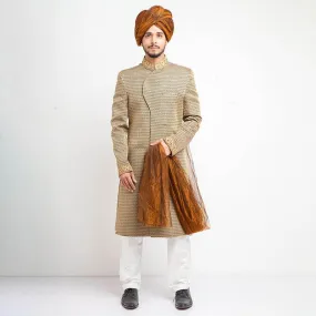 Light Gold and Olive Ogee Form Fitted Sherwani