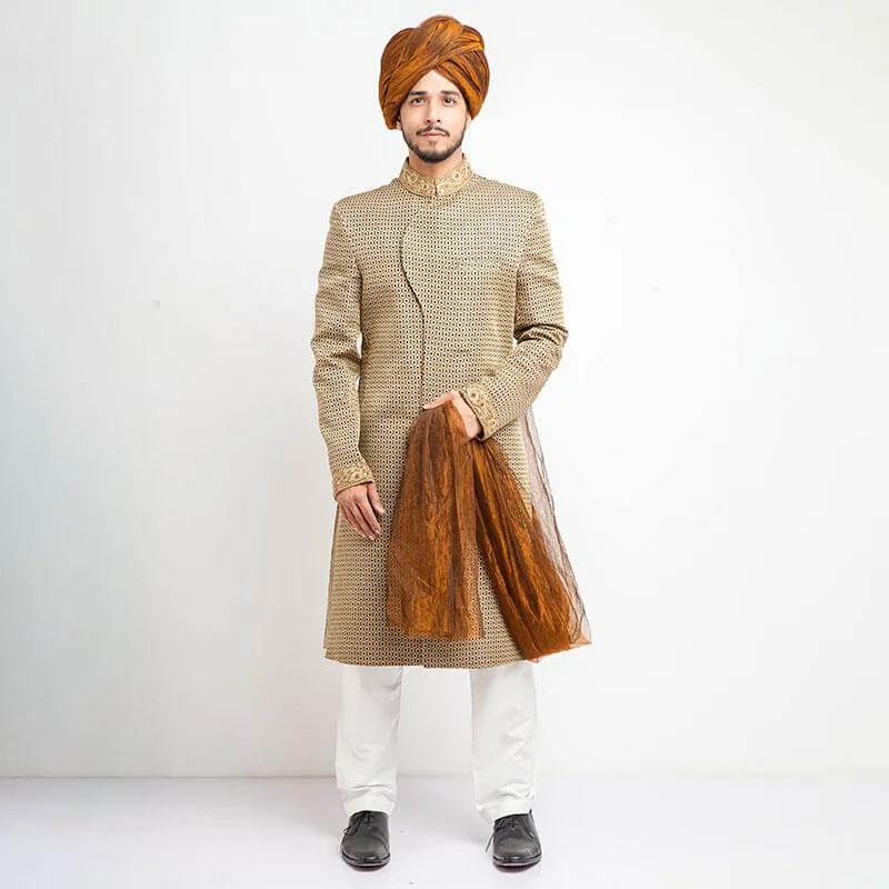 Light Gold and Olive Ogee Form Fitted Sherwani