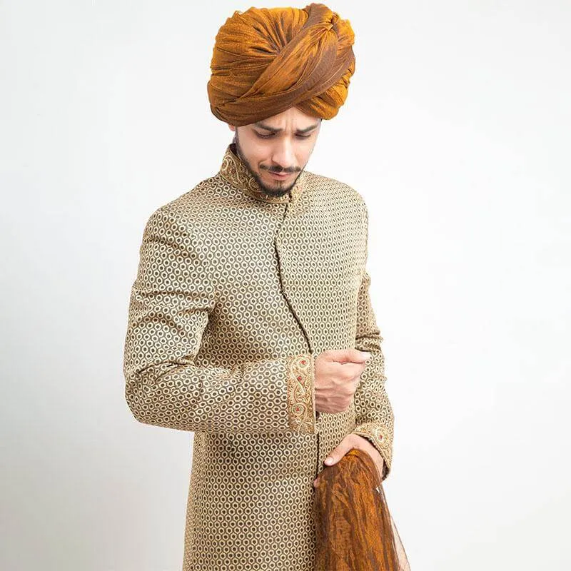 Light Gold and Olive Ogee Form Fitted Sherwani