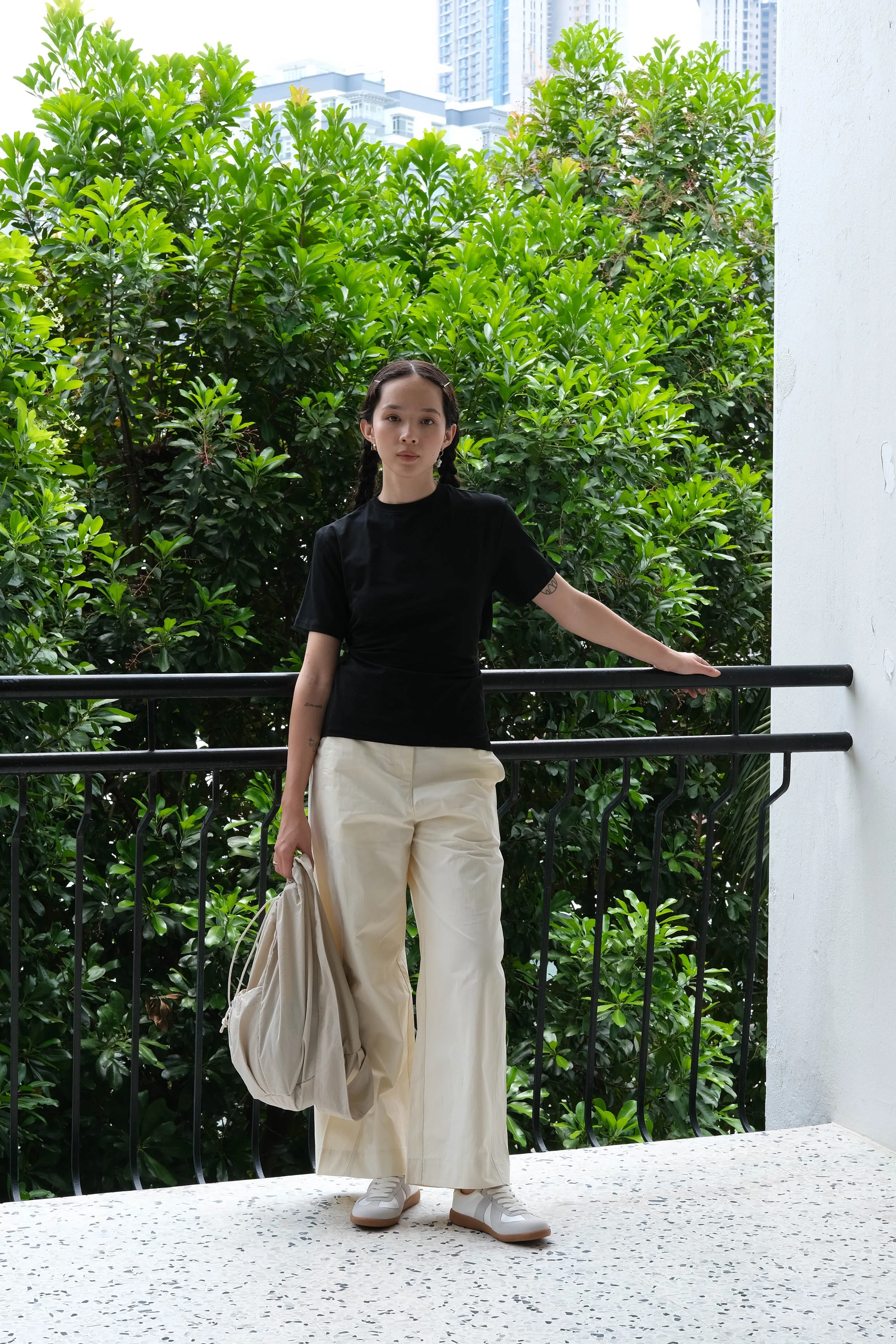 Loose and Slim Drape Slacks in Cream White