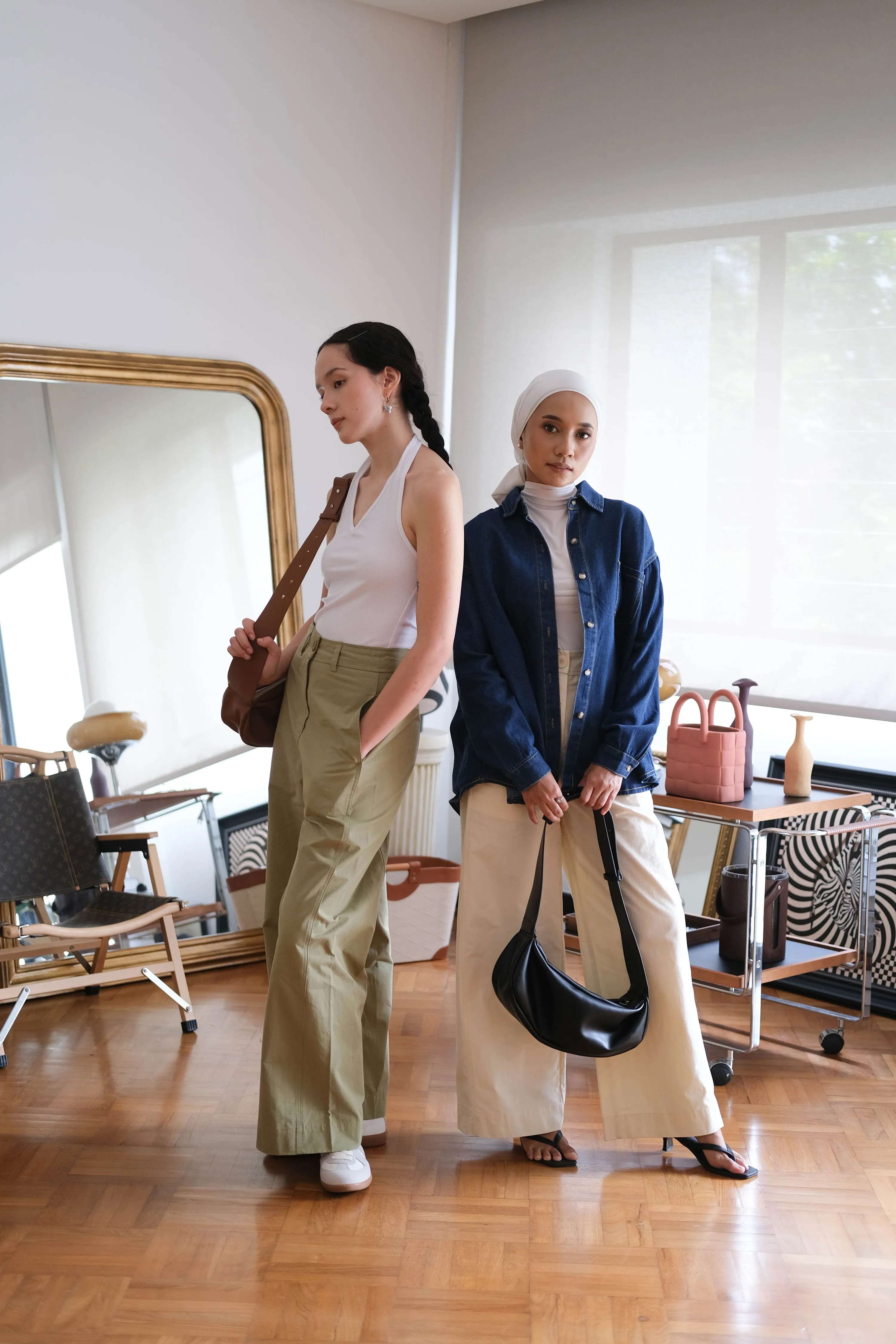 Loose and Slim Drape Slacks in Cream White