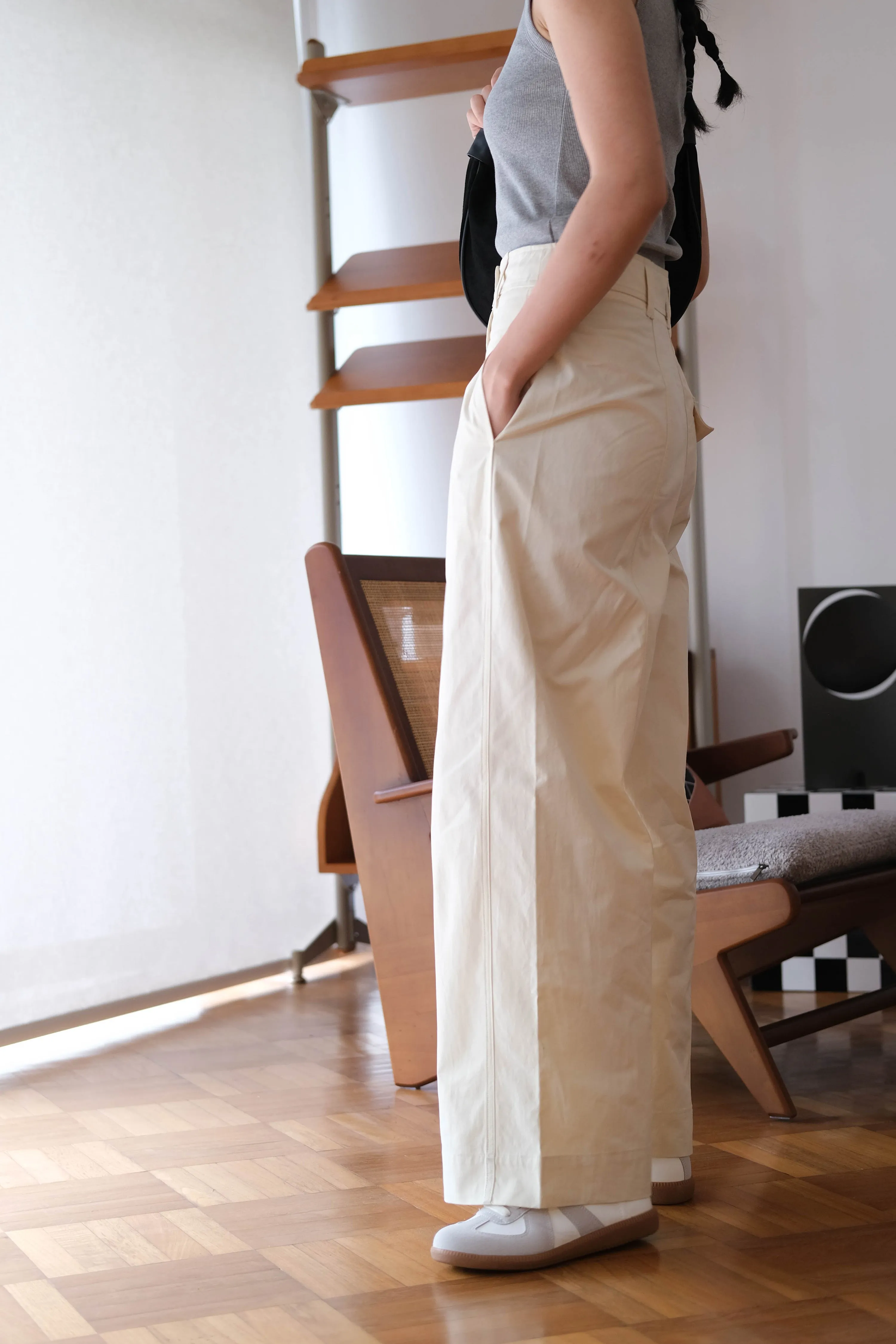 Loose and Slim Drape Slacks in Cream White