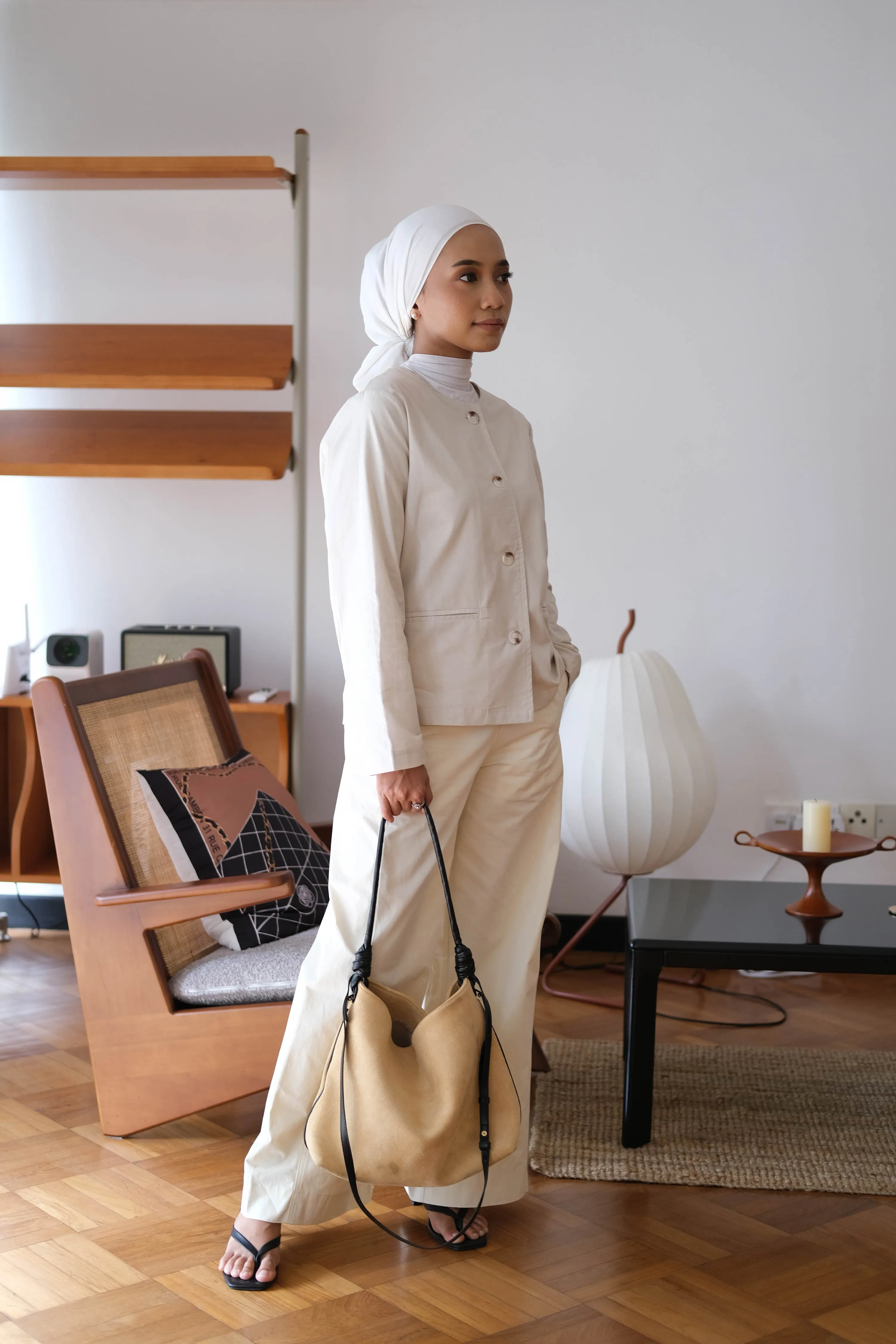 Loose and Slim Drape Slacks in Cream White
