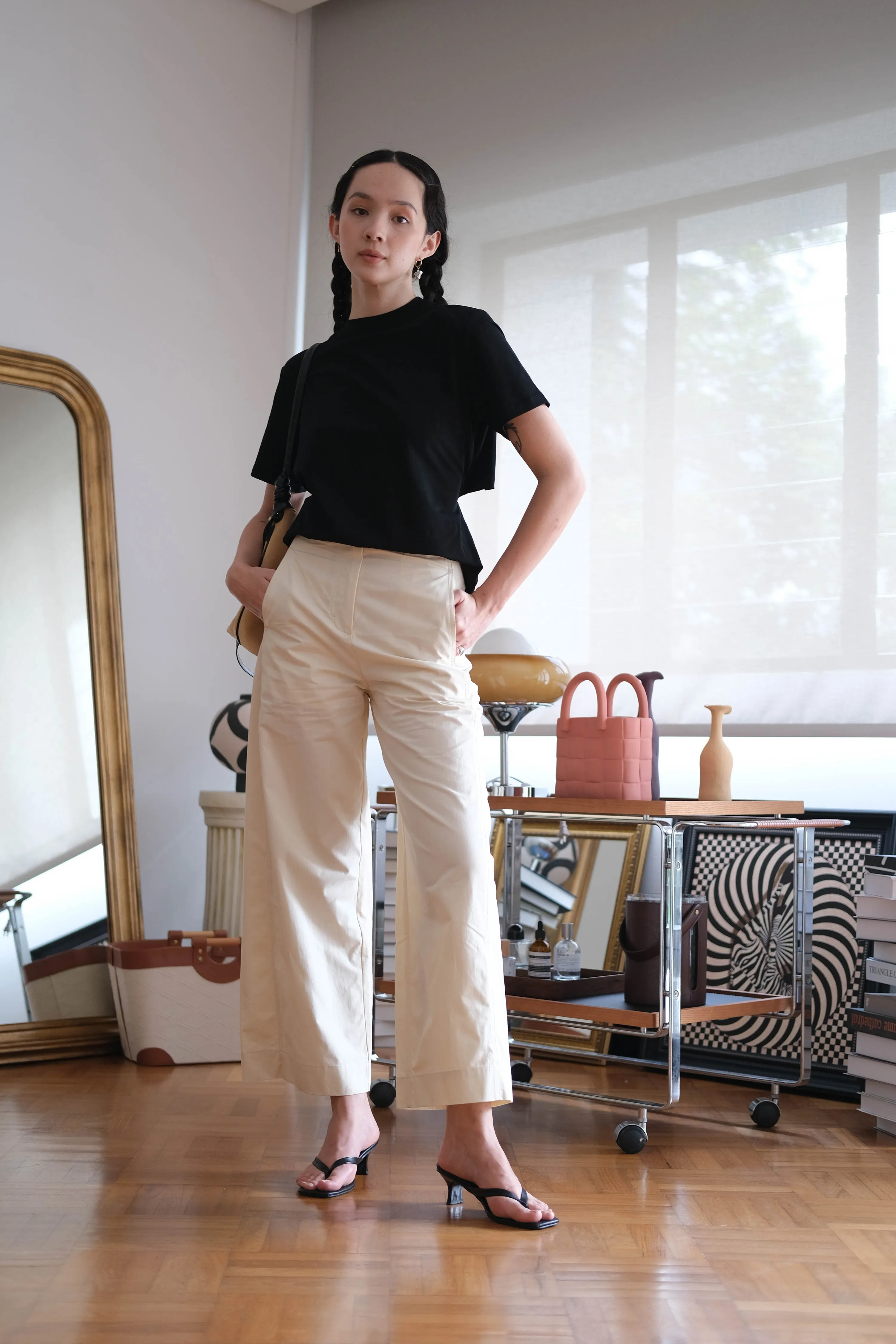Loose and Slim Drape Slacks in Cream White