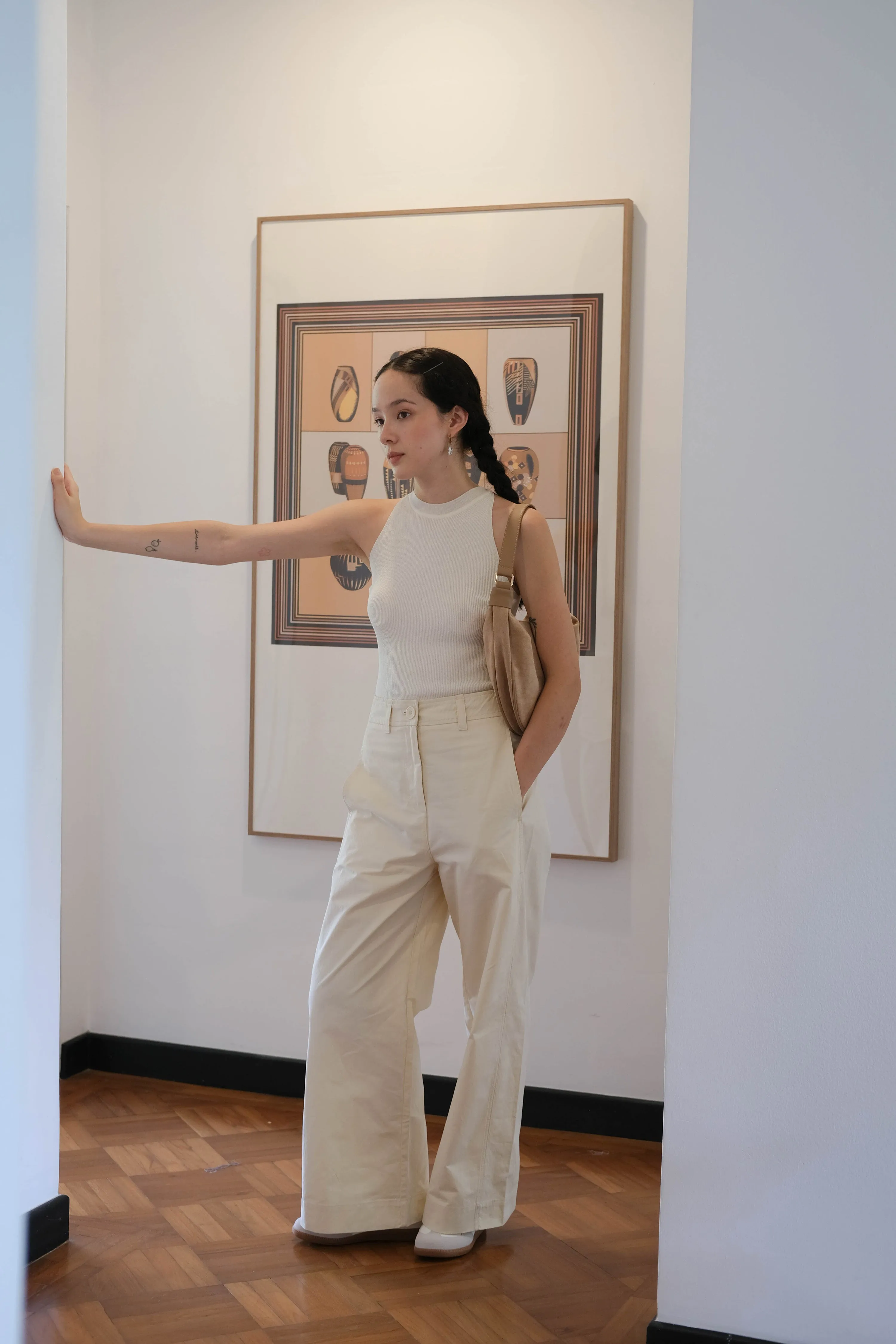 Loose and Slim Drape Slacks in Cream White