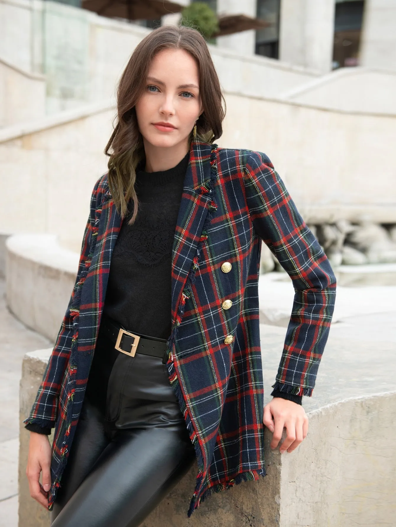 LUNE Lapel Collar Fringe Trim Tartan Blazer