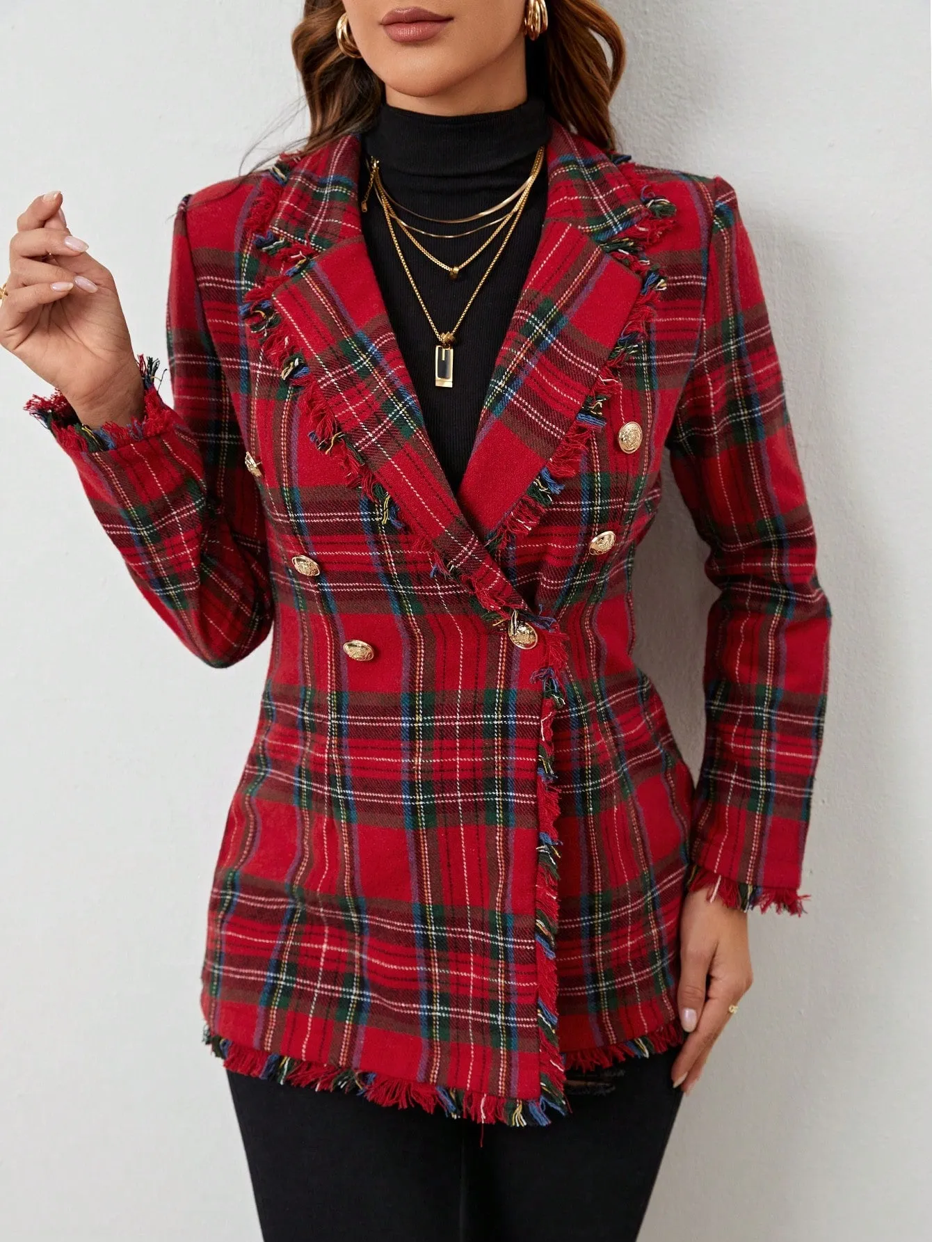LUNE Lapel Collar Fringe Trim Tartan Blazer