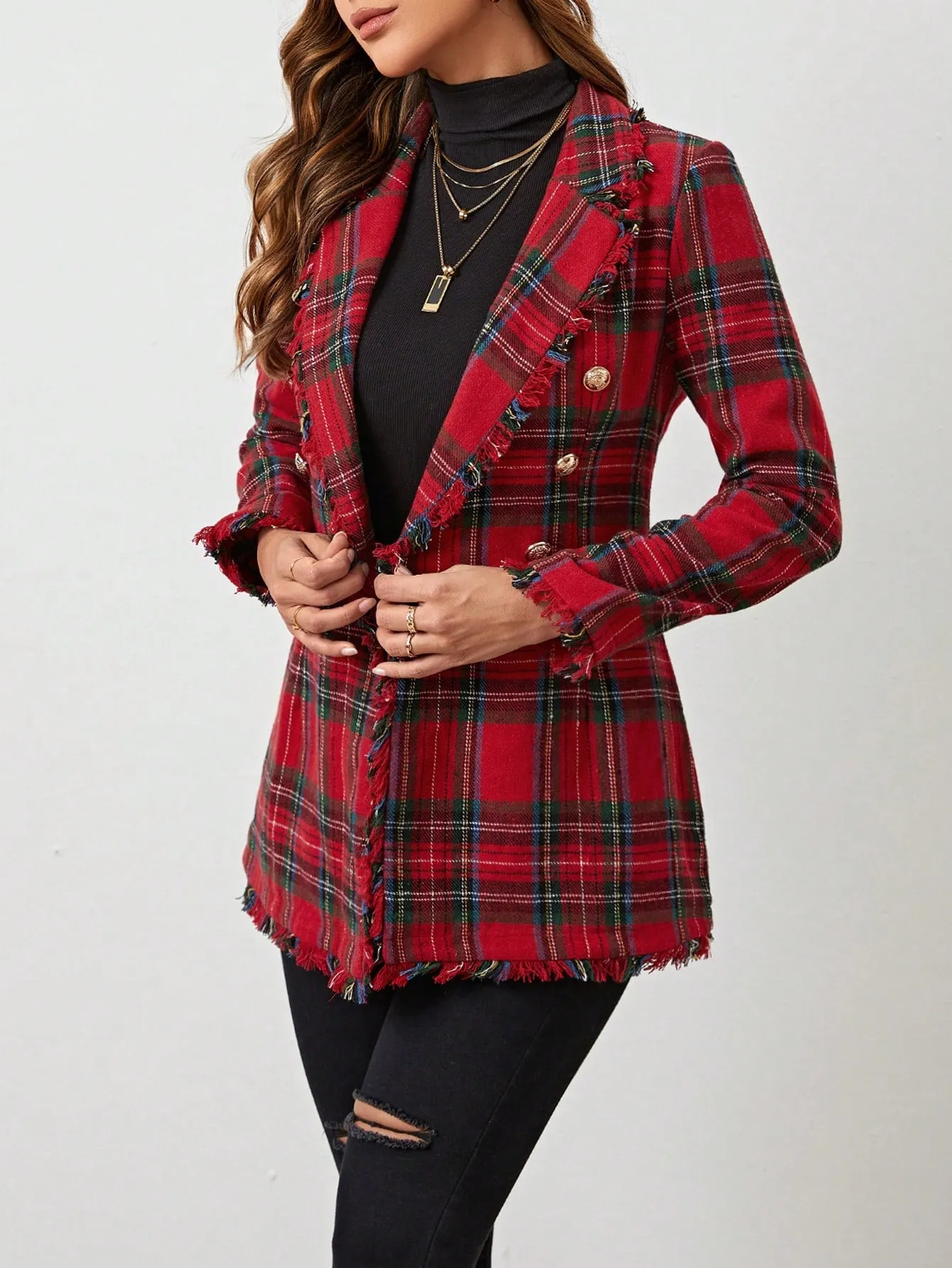 LUNE Lapel Collar Fringe Trim Tartan Blazer