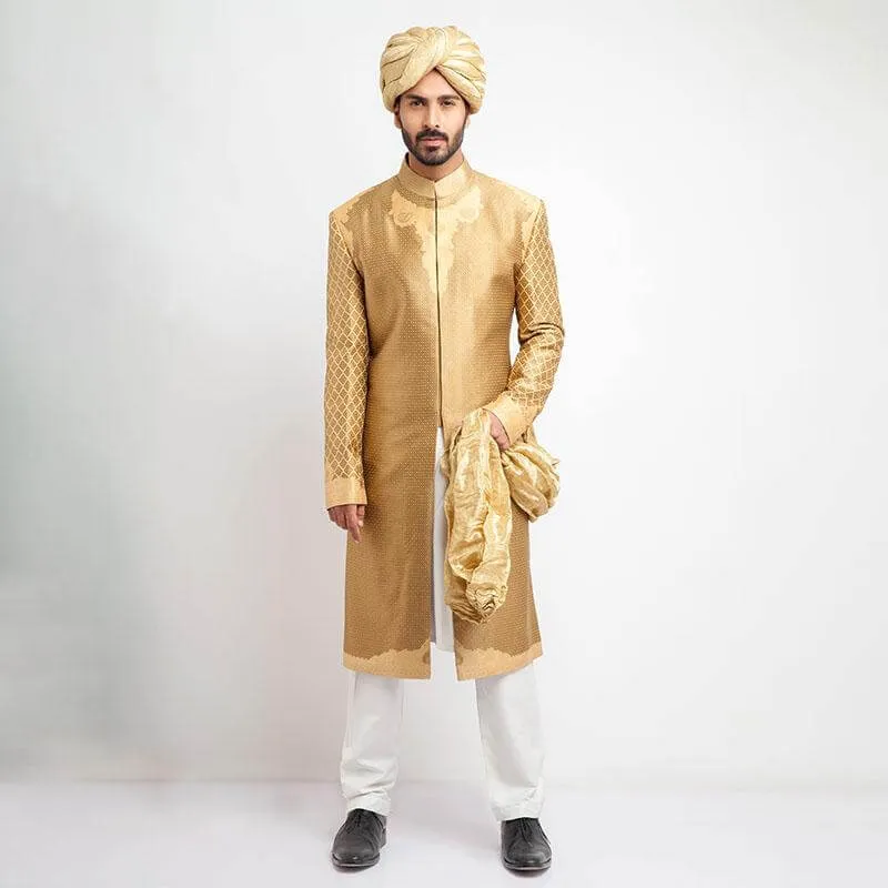 Peach Gold and Red Brocade Sherwani