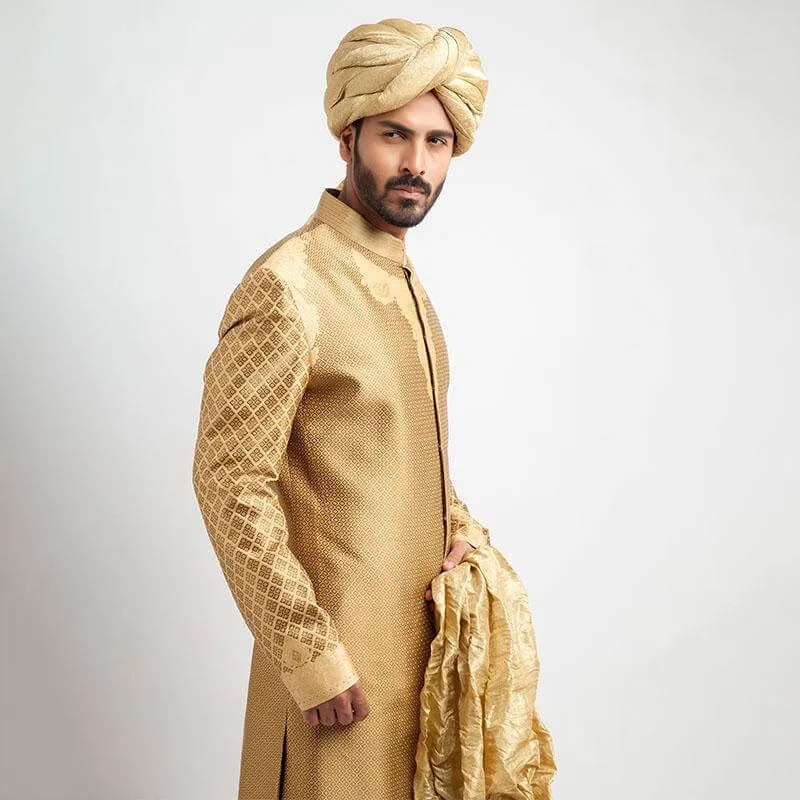 Peach Gold and Red Brocade Sherwani
