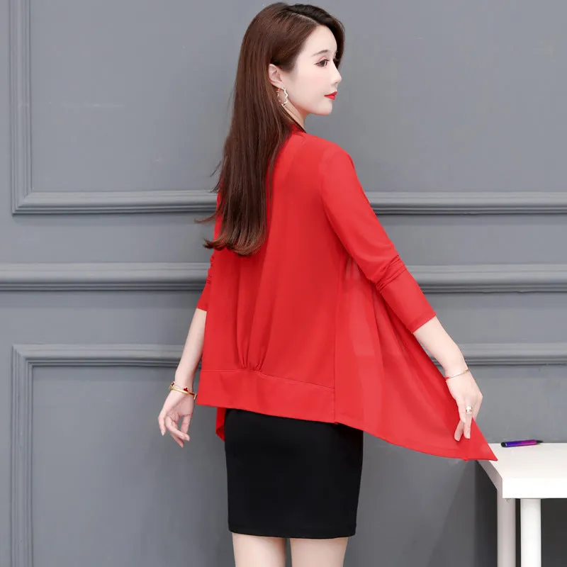 Short Solid Colored Shawl Trendy Korean Slimming Mesh Cardigan Ankle-Length Sunscreen Shirt