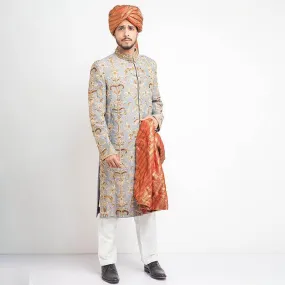 Smoky Grey Jamavar Form Fitted Sherwani