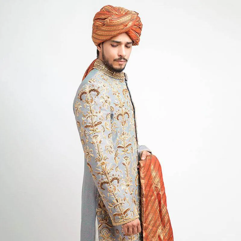 Smoky Grey Jamavar Form Fitted Sherwani